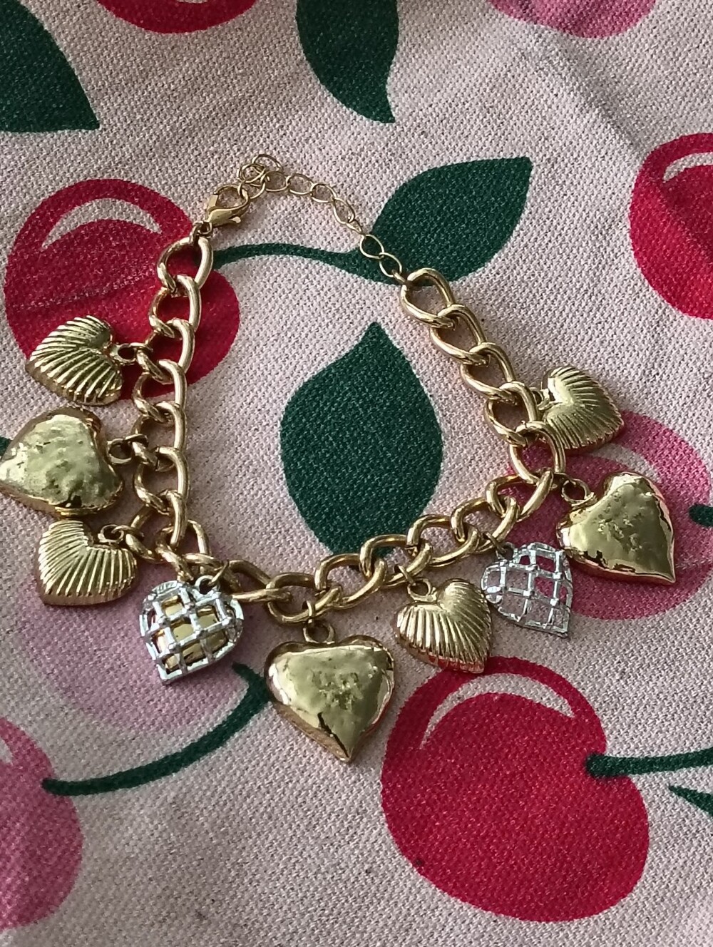 Beautiful Two-tone Heart Charm Bracelet. Adjustable. Estate Find Just Adorable.